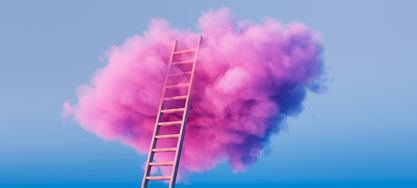 Eine Leiter führt hinauf zu einer pinken Wolke 