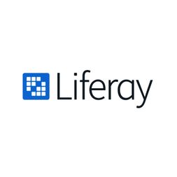 blaues Quadrat, darin kleine weiße Quadrate, rechts daneben schwarzer Schriftzug "Liferay"
