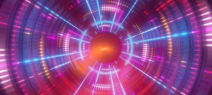 3D abstraktegeometrischer Hintergrund mit Neonlichtern, runder Tunnel - Stock-Fotografie