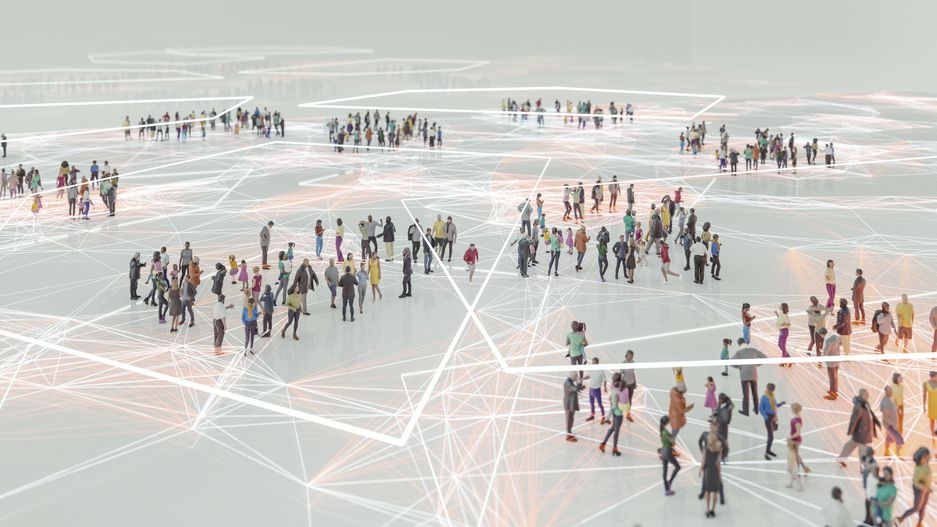 Gruppen von Menschen stehen in einem großen weißen Raum. Sie sind mit weißen Linien vernetzt.