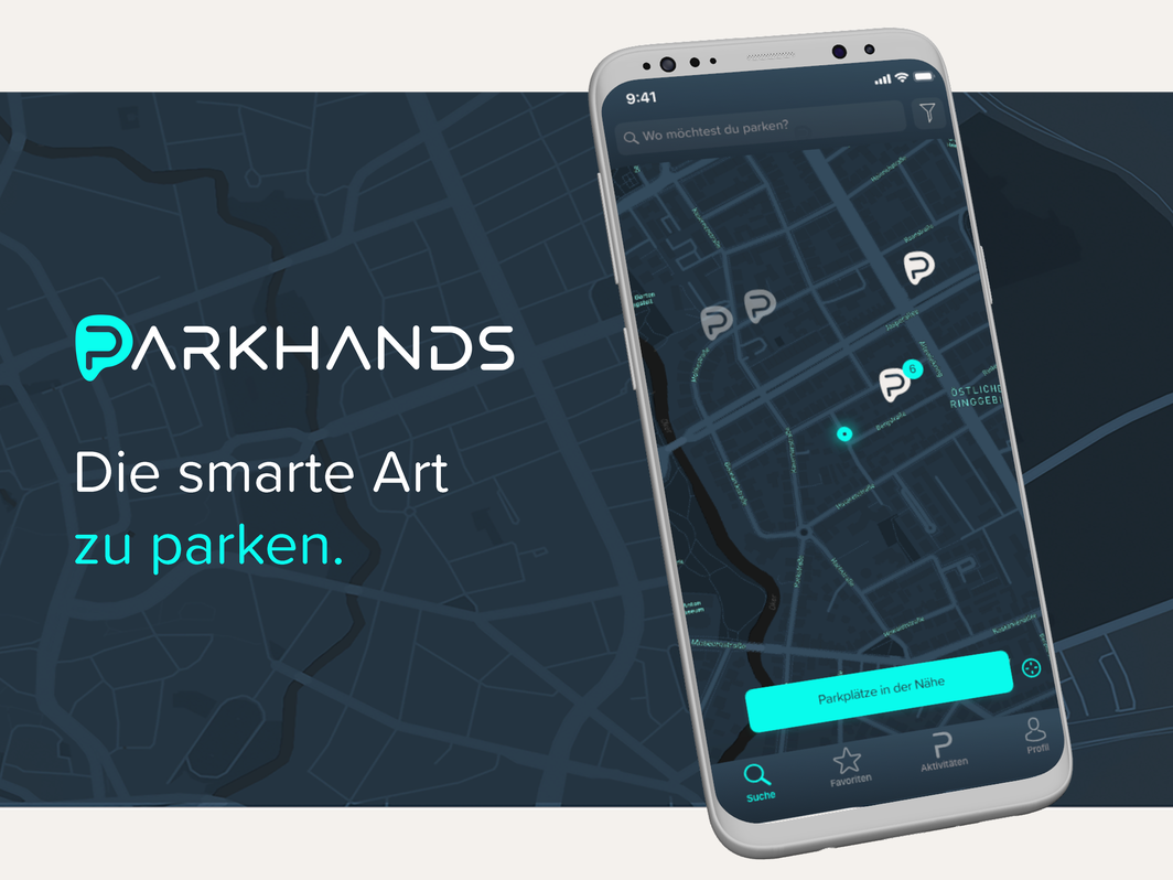 Die Darstellung der App für Parkhands. Auf einem Smartphone ist eine dunkelblaue Stadtkarte mit Buchstaben "P" abgebildet.