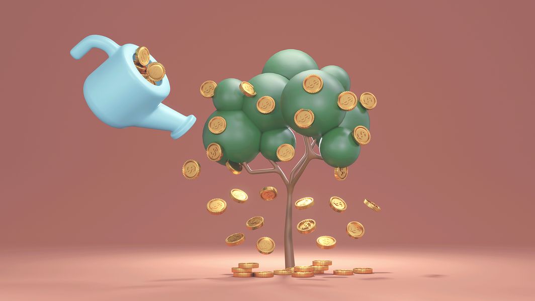 Gießkanne lässt Geld auf einen Baum regnen