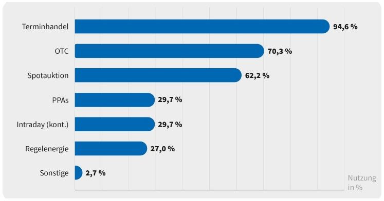 Die Grafik zeigt die Verteilung der eingesetzte Beschaffungsstrategien und Marktzugänge bei der Energie-Beschaffung in Prozent.