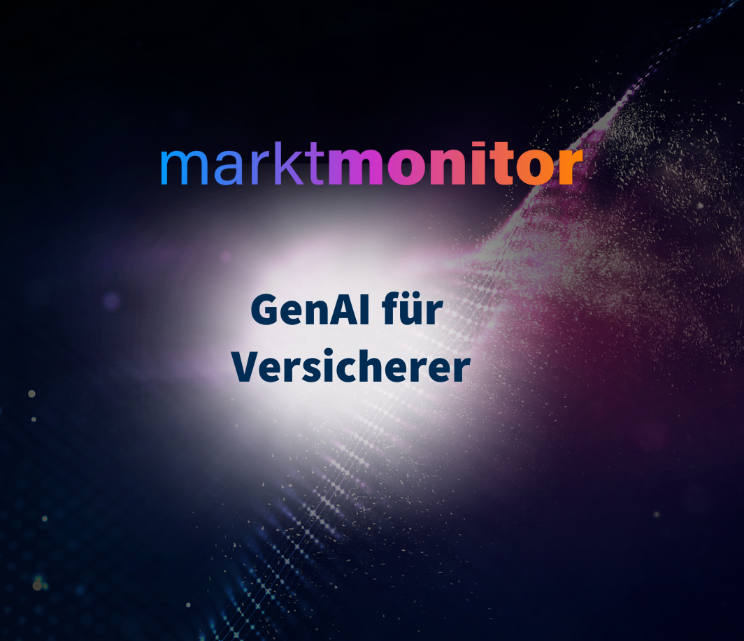 Ein dunkler Hintergrund, oben mittig in bunten Farben der Schriftzug "Marktmonitor", darunter auf weißem Hintergrund der Text: "GenAI für Versicherer"