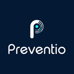 Preventio Logo - dunkler Hintergrund, darauf ein weißes P in Großbuchstaben und darunter der Schriftzug "Preventio" ebenfalls in weißer Schrift